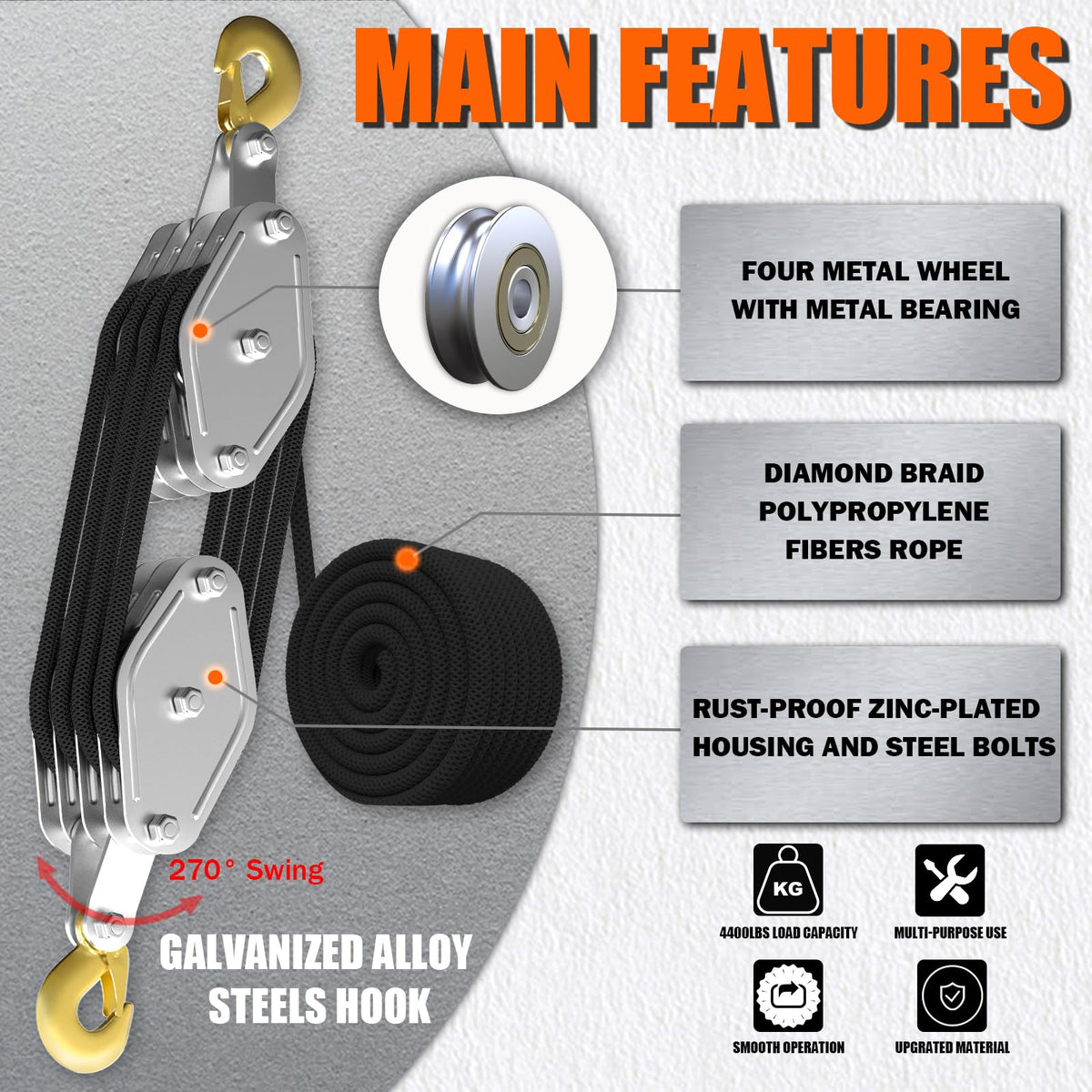 YATOINTO 8:1 pulley block for easier hoisting and load control