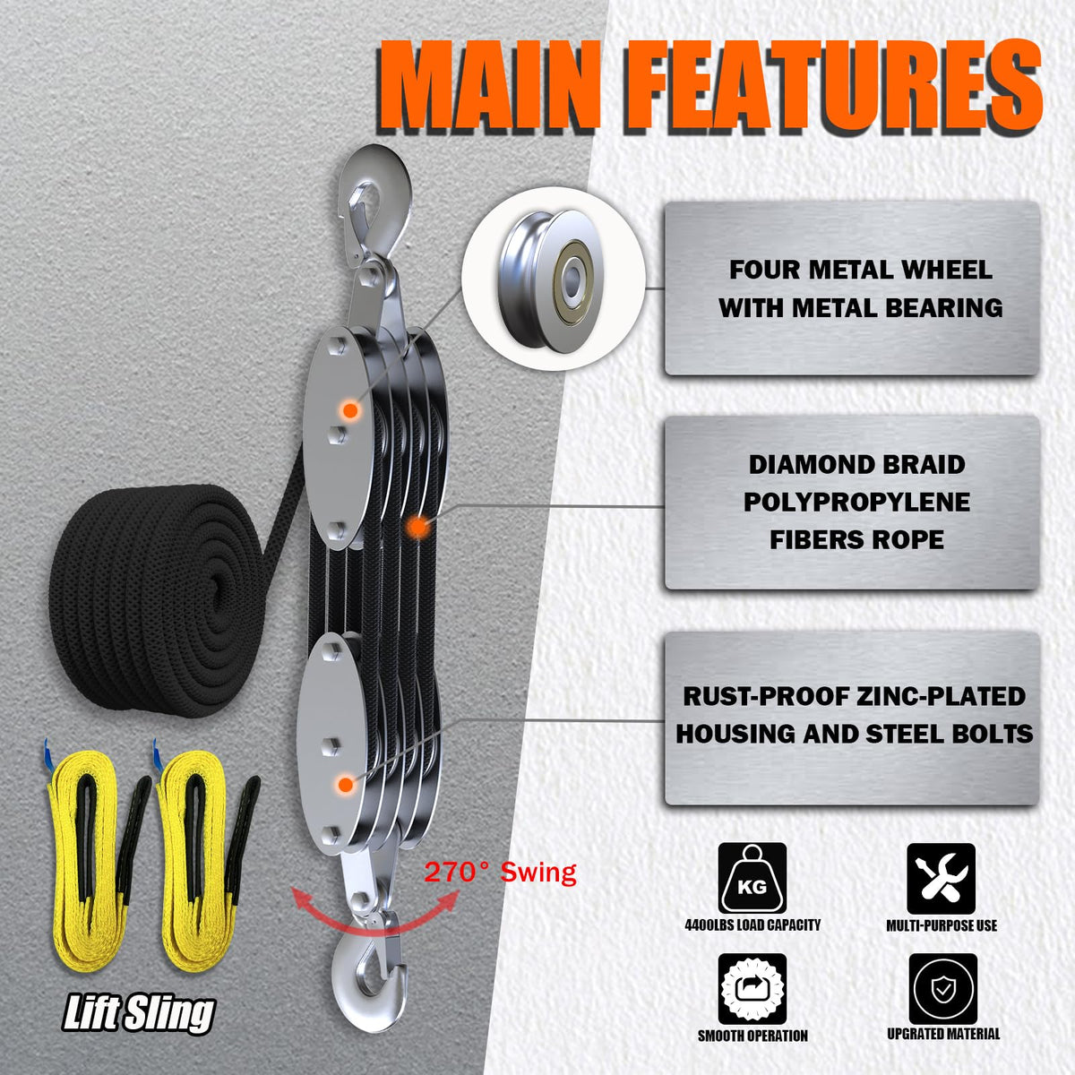 YATOINTO pulley block and tackle shows 8:1 lifting power for heavy loads.