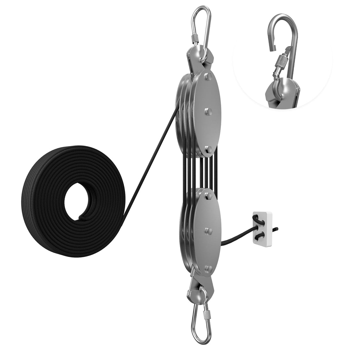 YATOINTO upgraded rope hoist pulley system close-up showing durable, rust-resistant construction for outdoor use.