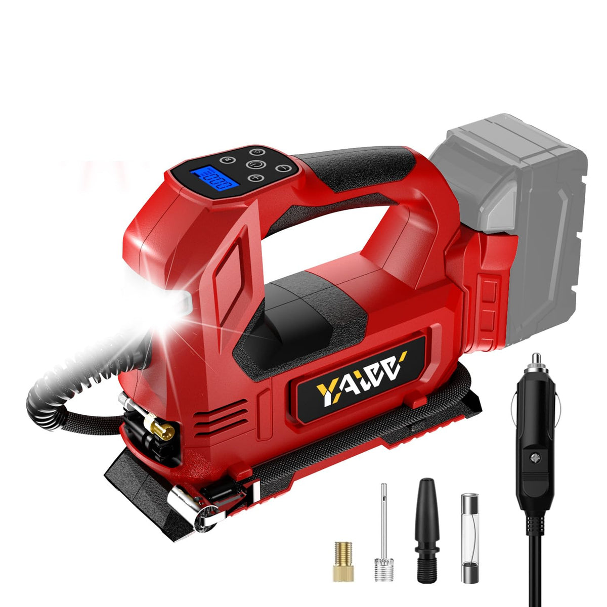 YAWV cordless tire inflator attached to Milwaukee M18 battery for portable inflation.