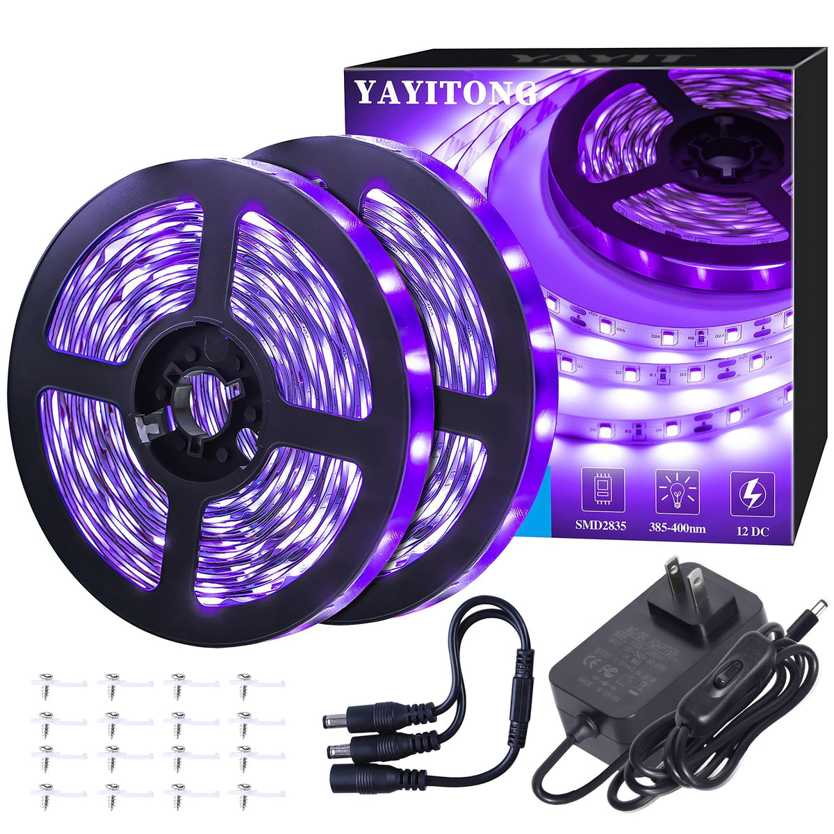 YAYIT 40 ft LED black light strip unrolled shows even UV glow for vivid effects