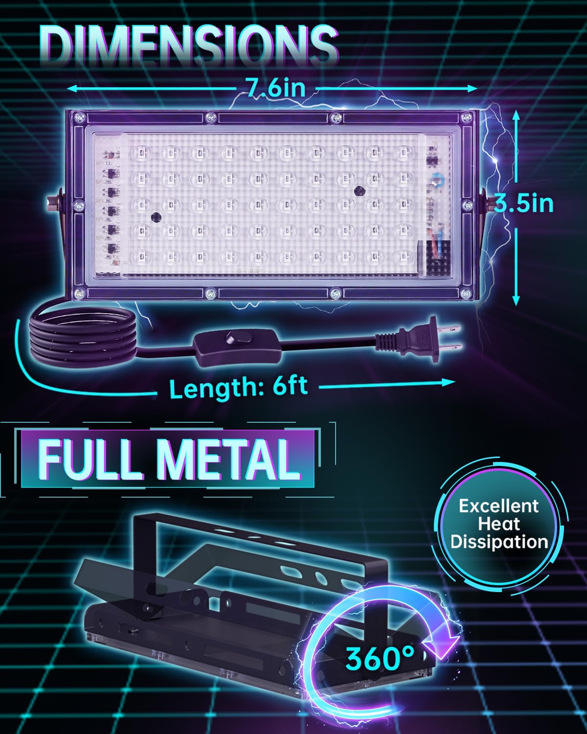 YAYIT 50W black light in a bedroom creating glowing ambiance.