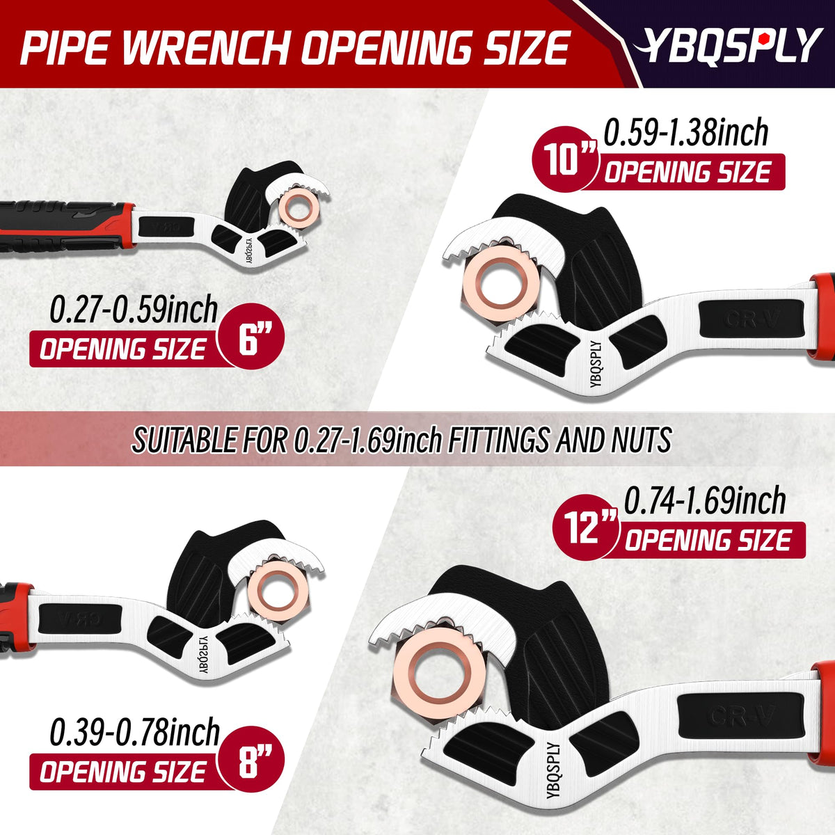 YBQSPLY 10-inch pipe wrench designed for larger pipes and leverage