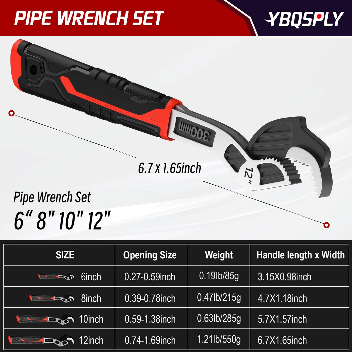 YBQSPLY 8-inch pipe wrench for stable grip on medium fittings