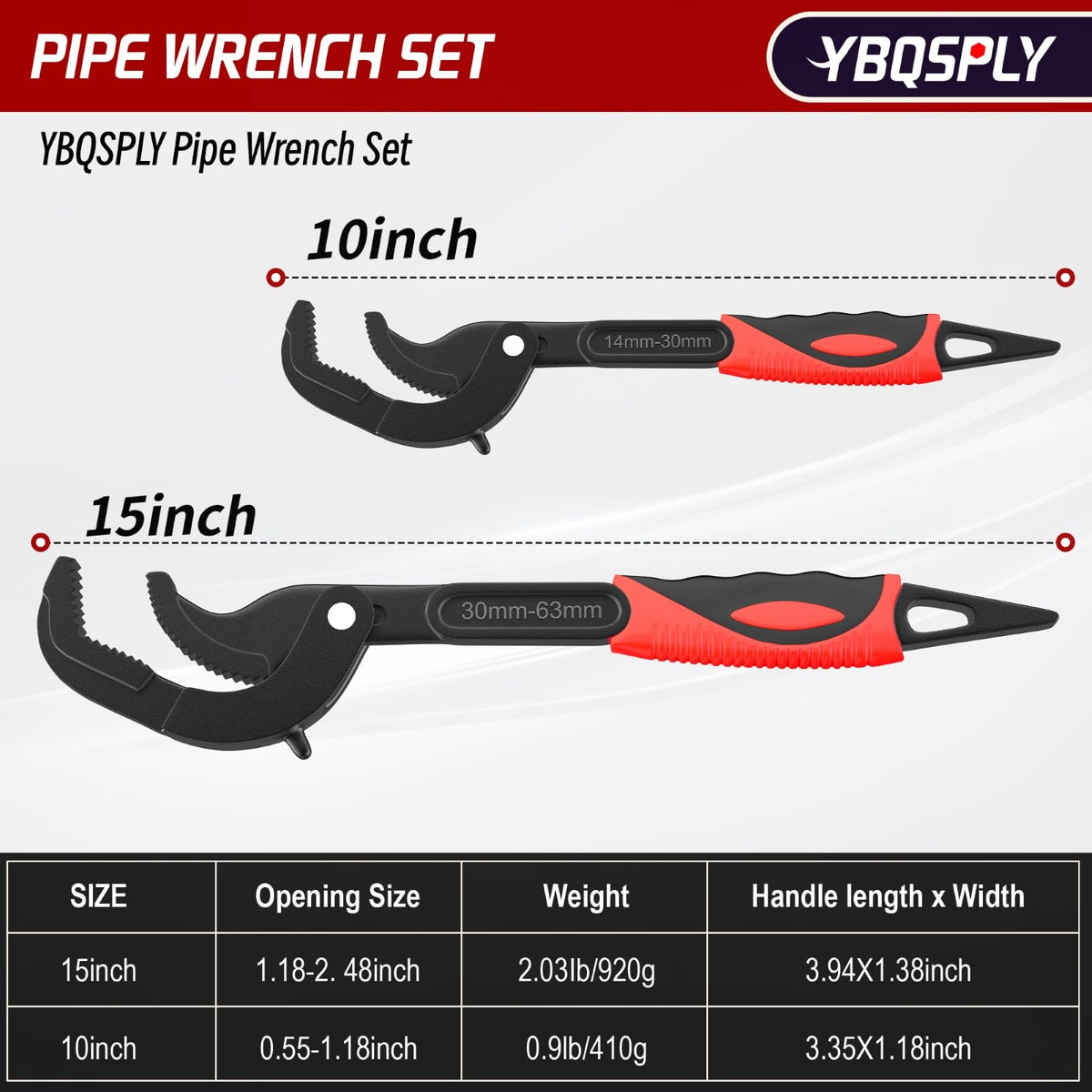 YBQSPLY Pipe Wrench 15-inch jaw open for larger pipes.