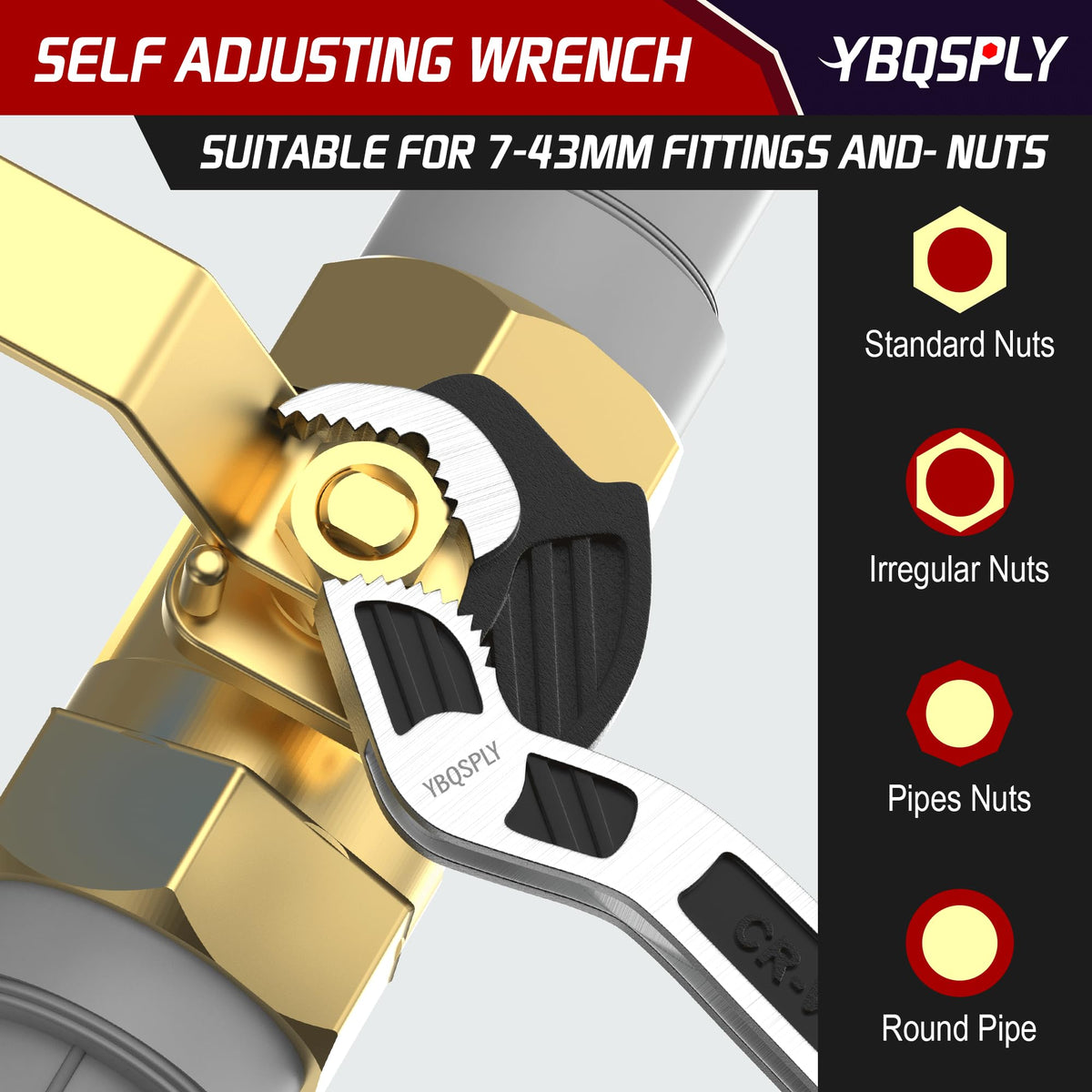 YBQSPLY self-adjusting wrench close-up with ergonomic grip and spring action