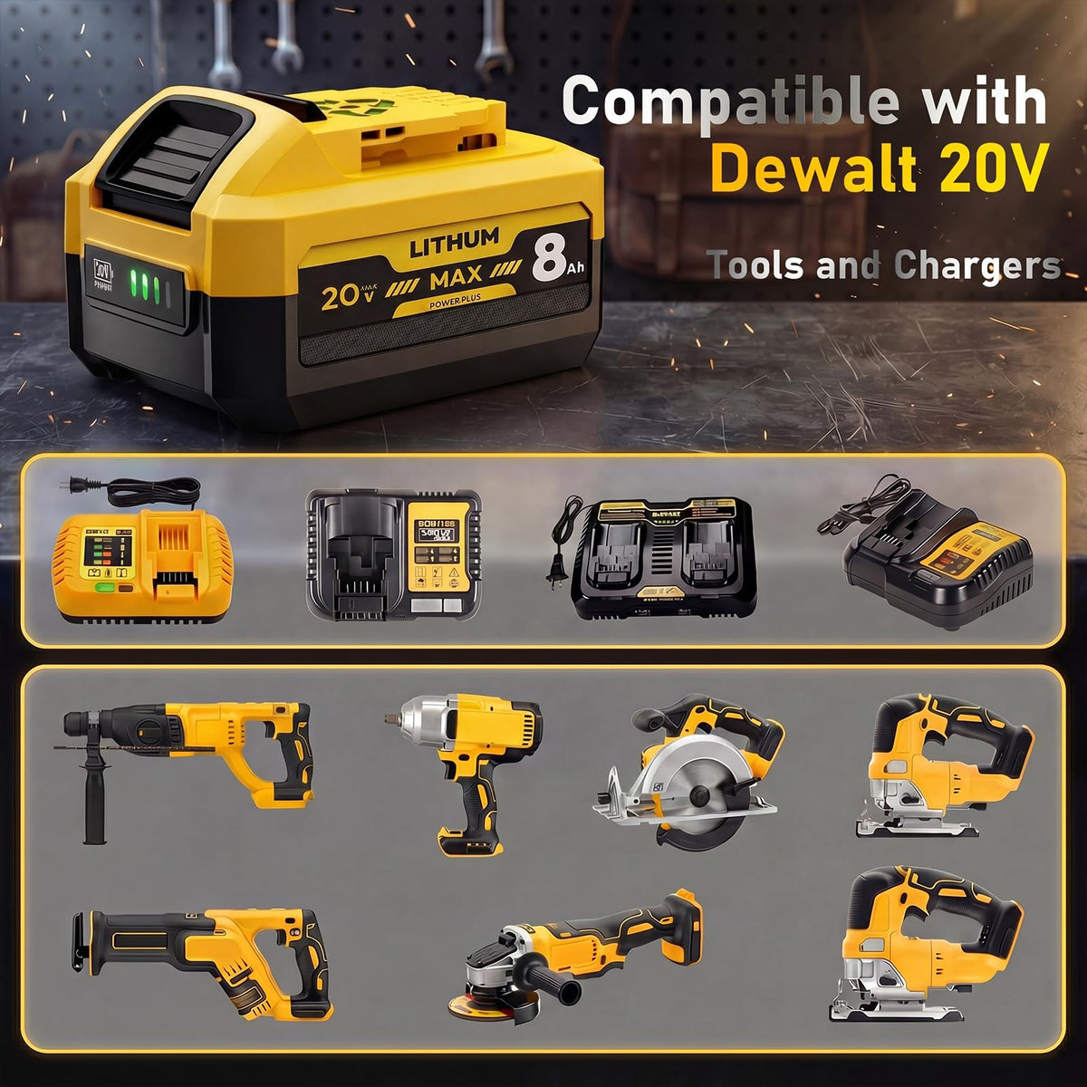 YBT 2-Pack 8.0Ah battery powering DW20V tools on a job site