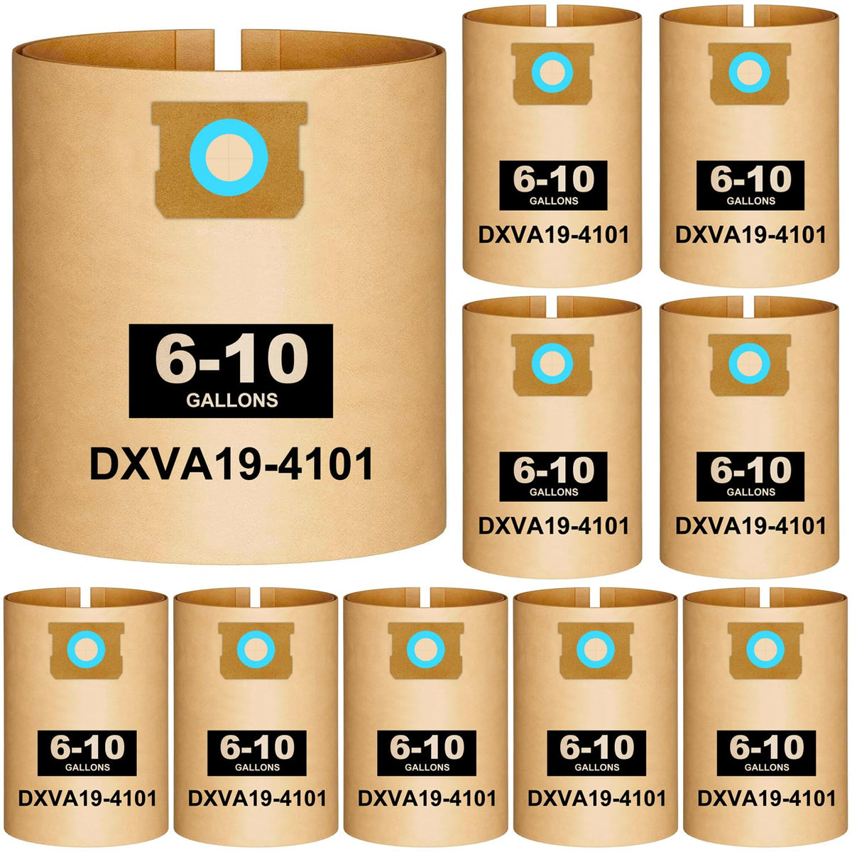 Ycuvin DXVA19-4101 vacuum bags fit DEWALT 6-10 gallon vacuums with high-efficiency filtration.