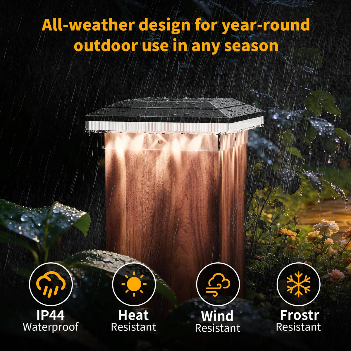 YDHOK 4x4 solar post cap light IP44 rating protects against rain and snow.