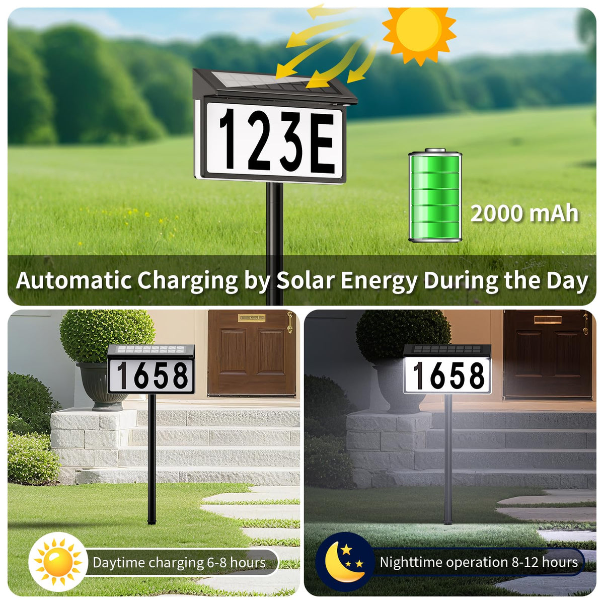 YDHOK solar address sign with ground stake for easy outdoor placement.