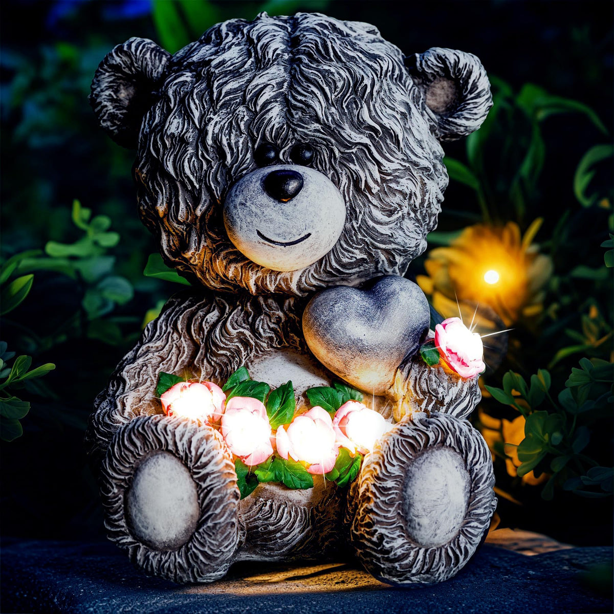 YDKOJGW solar garden bear statue with heart and pink flower lights up softly