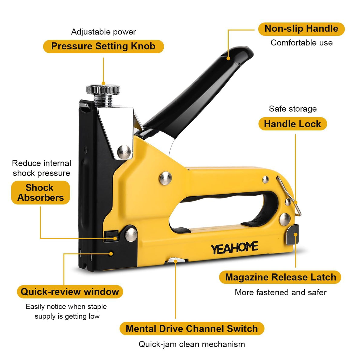 YEAHOME staple gun with chrome finish for durable, rust-resistant performance