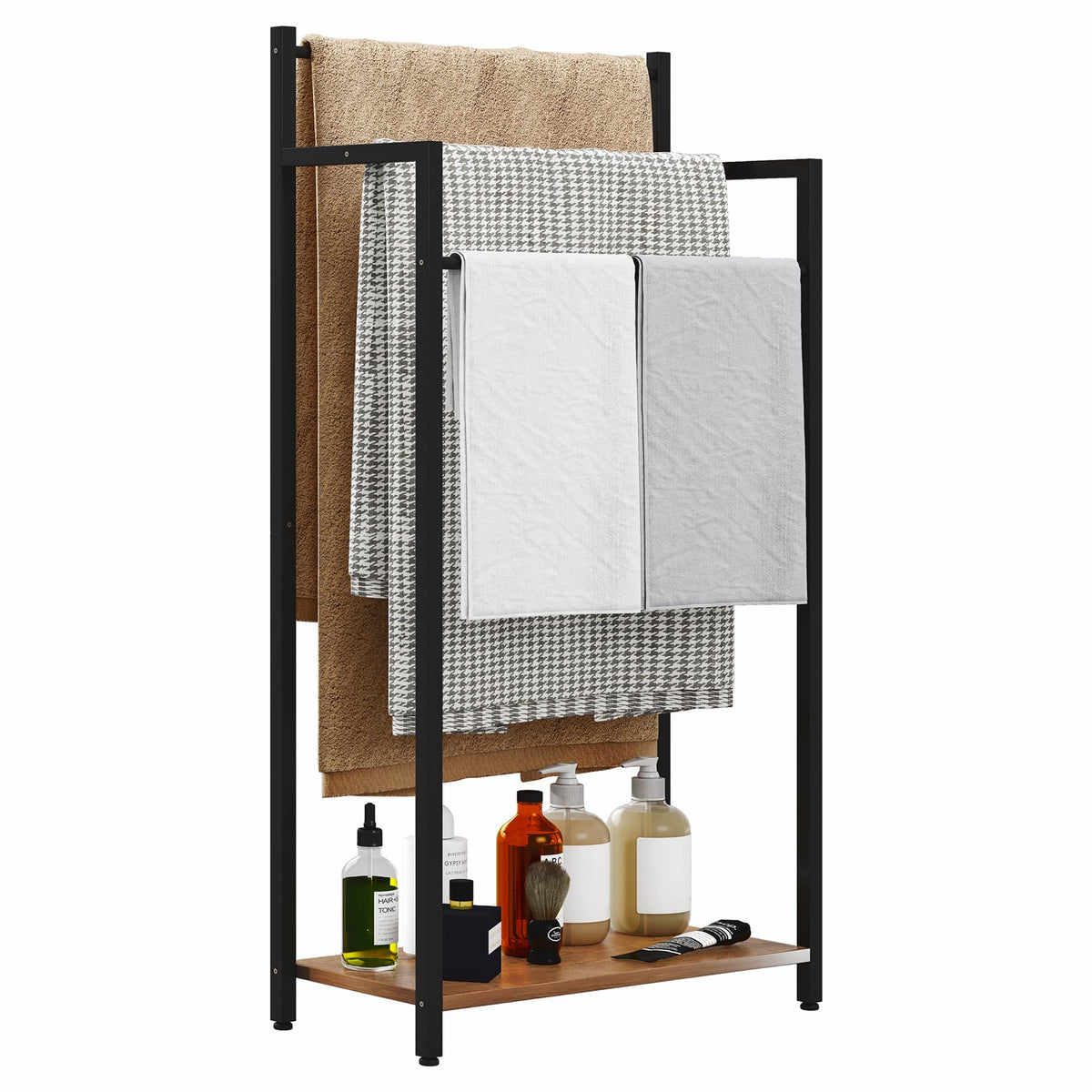 yeavs freestanding towel rack with three tiers and rustic shelf for organized bathroom spaces