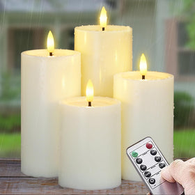 Yeelida ivory flameless candle 3x4in glows softly on a balcony for cozy evenings