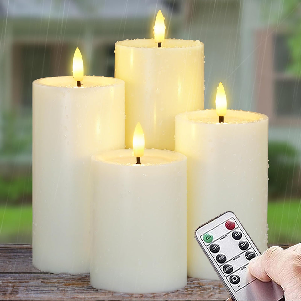 Yeelida ivory flameless candle 3x4in glows softly on a balcony for cozy evenings