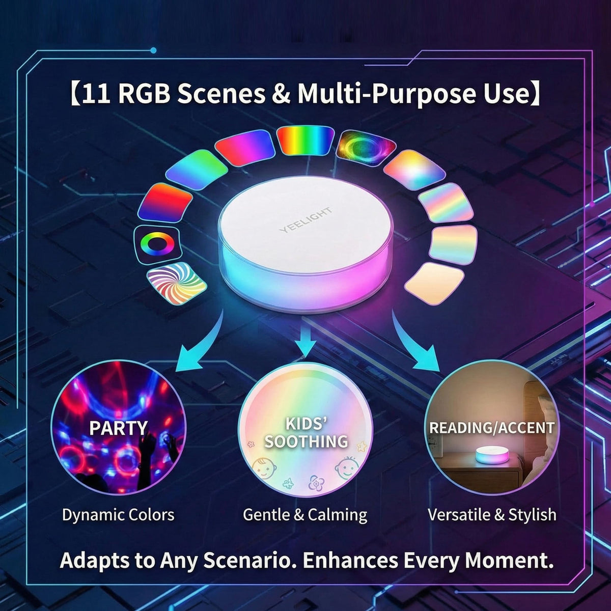YEELIGHT 11 preset scenes create mood for gatherings or bedtime routines.