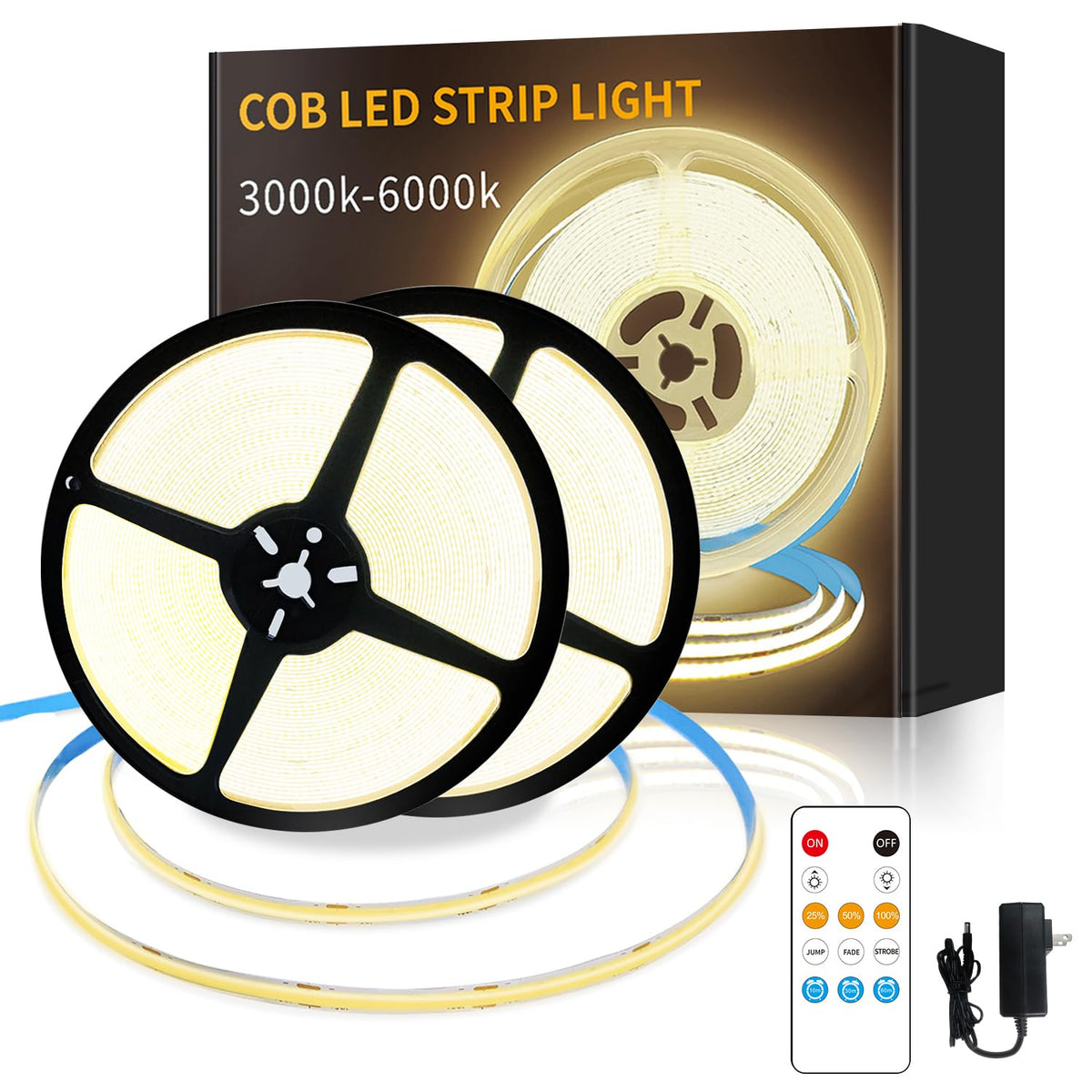 Yeewhale COB LED strip 100ft warm white rolls illuminate living spaces evenly.