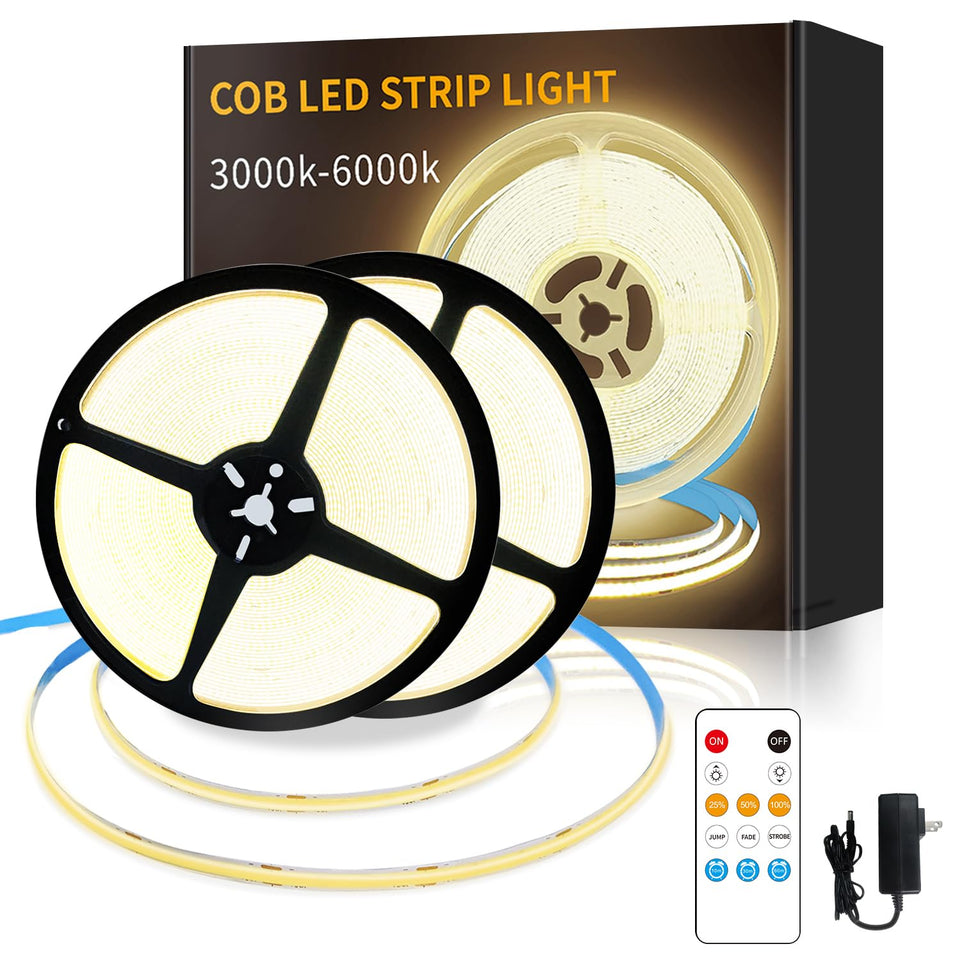Yeewhale COB LED strip 100ft warm white rolls illuminate living spaces evenly.