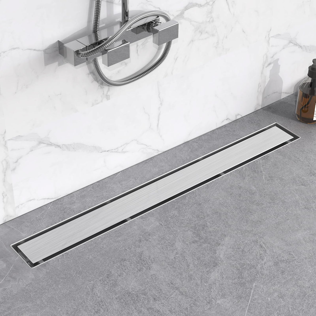 Close-up of YEFU drain body showing brushed nickel finish and corrosion resistance