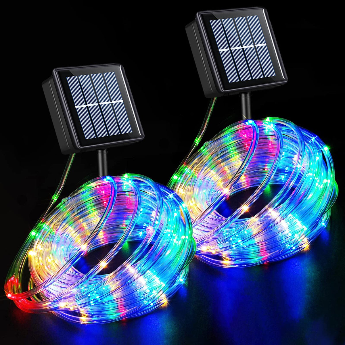 YEGUO solar rope lights illuminate a 33ft clear-tube setup with 100 LEDs outdoors.