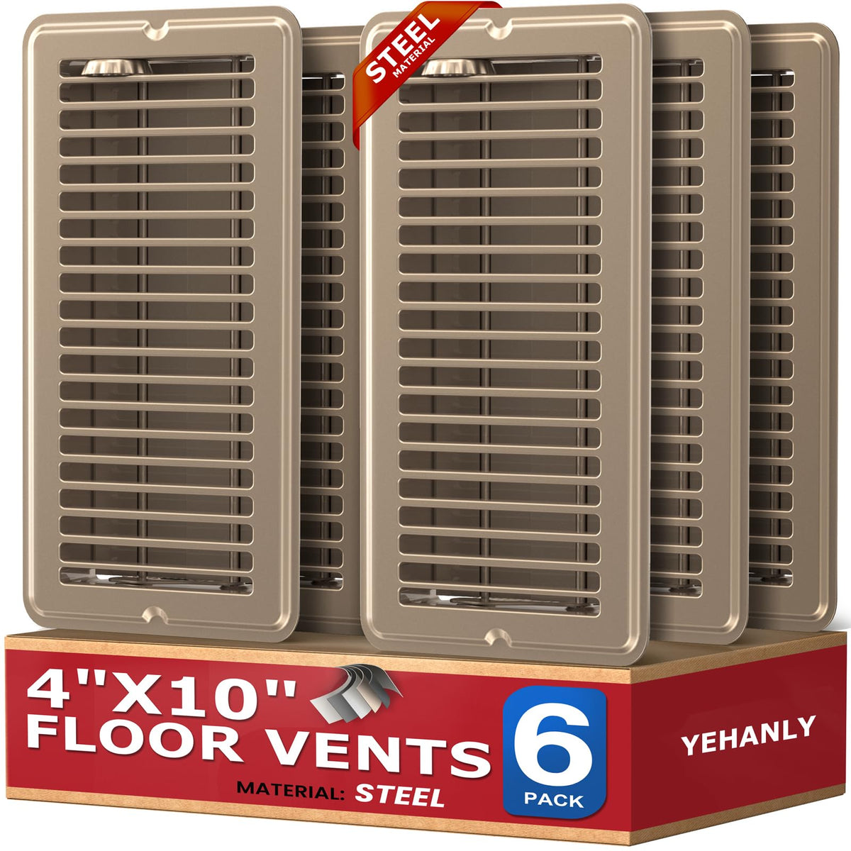 YEHANLY 4x10 floor-register front view with flush, rust-proof steel finish.