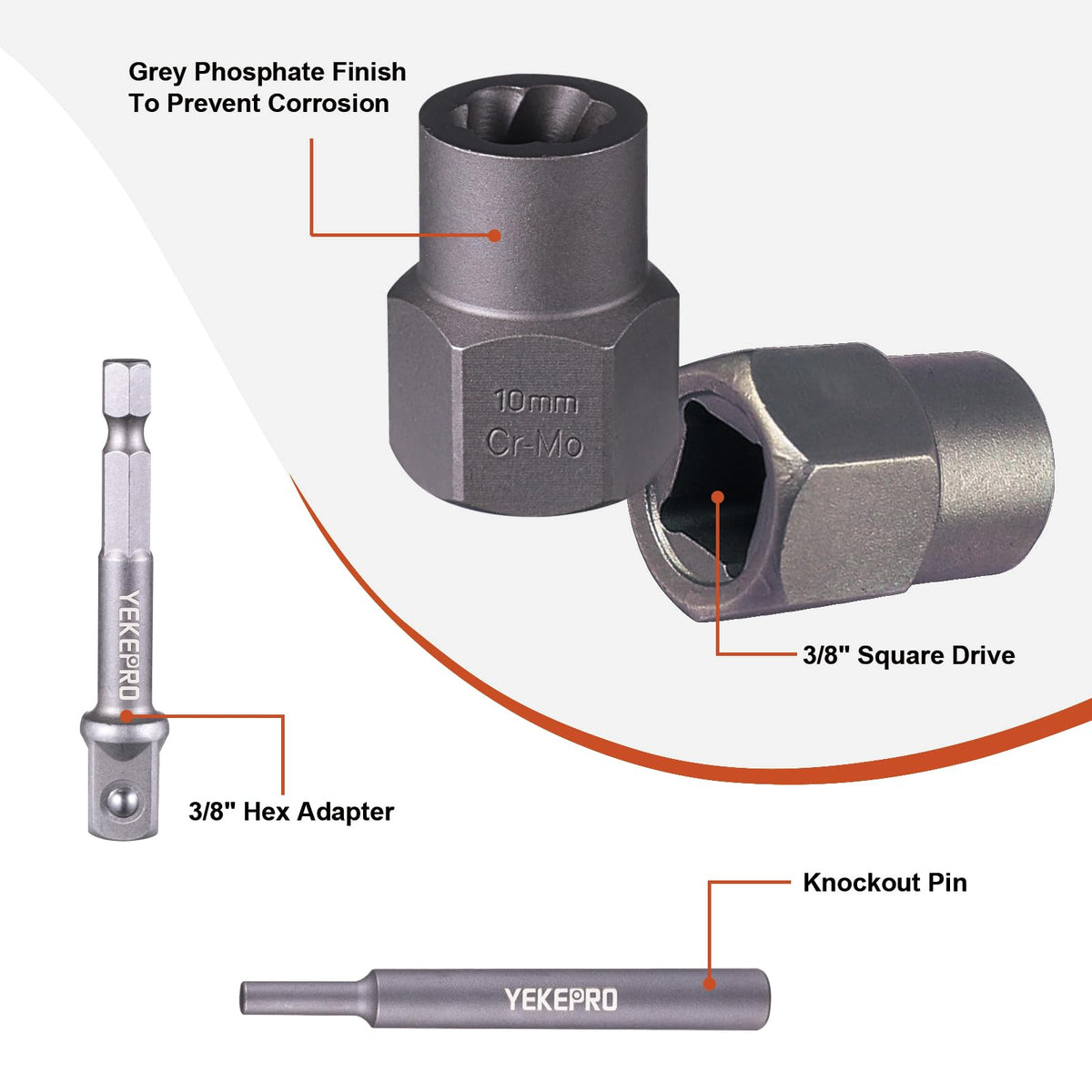 YEKEPRO extractor head detail highlights reverse spiral flutes for grip.