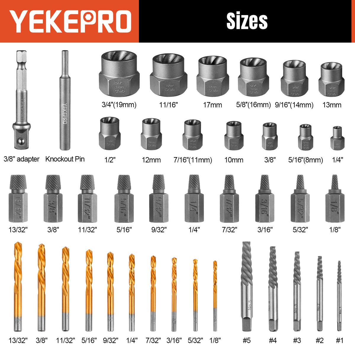 YEKEPRO multi-spline screw extractors ideal for stripped screws and corners.