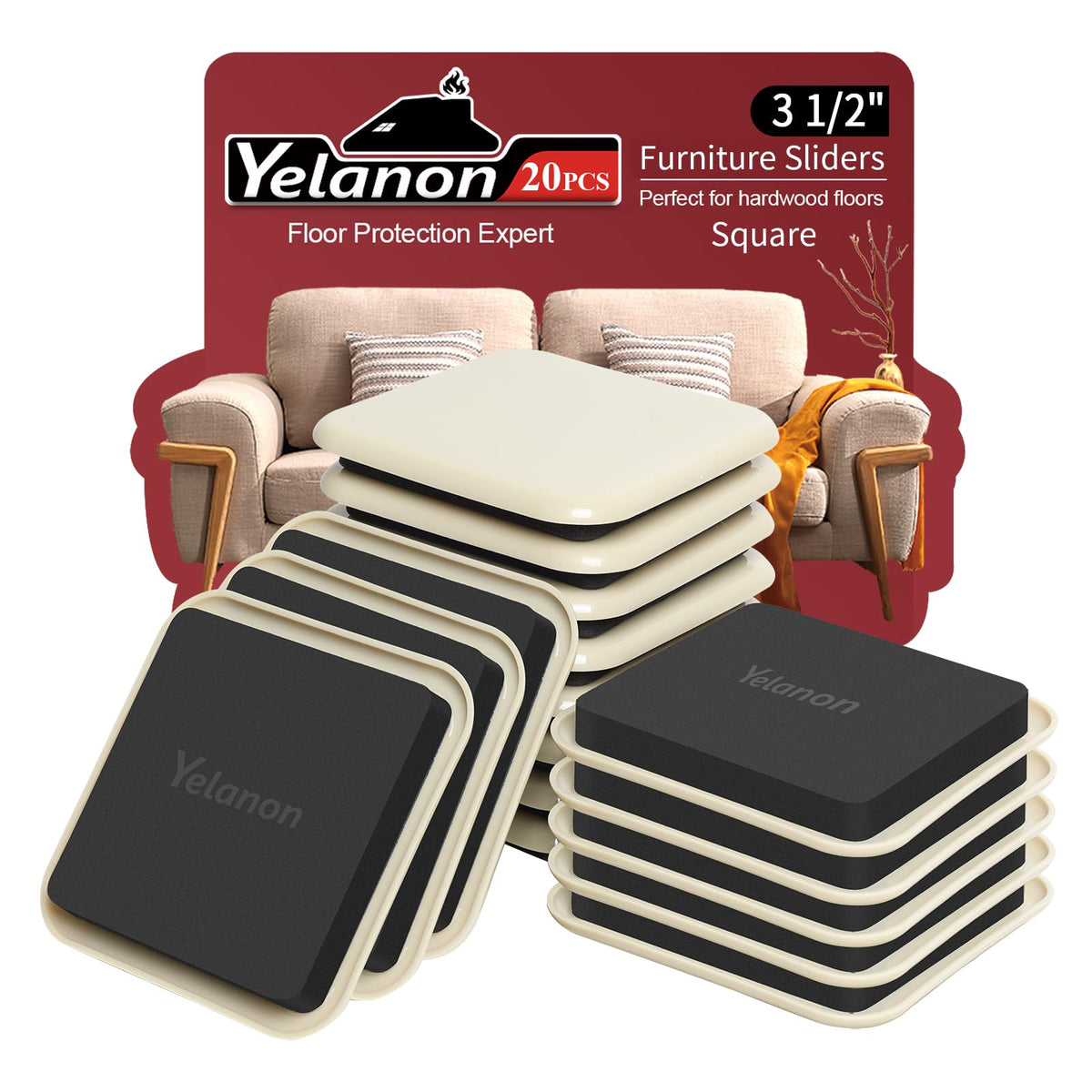 Yelanon Furniture Sliders pack shot shows 20-piece set for easy heavy furniture movement