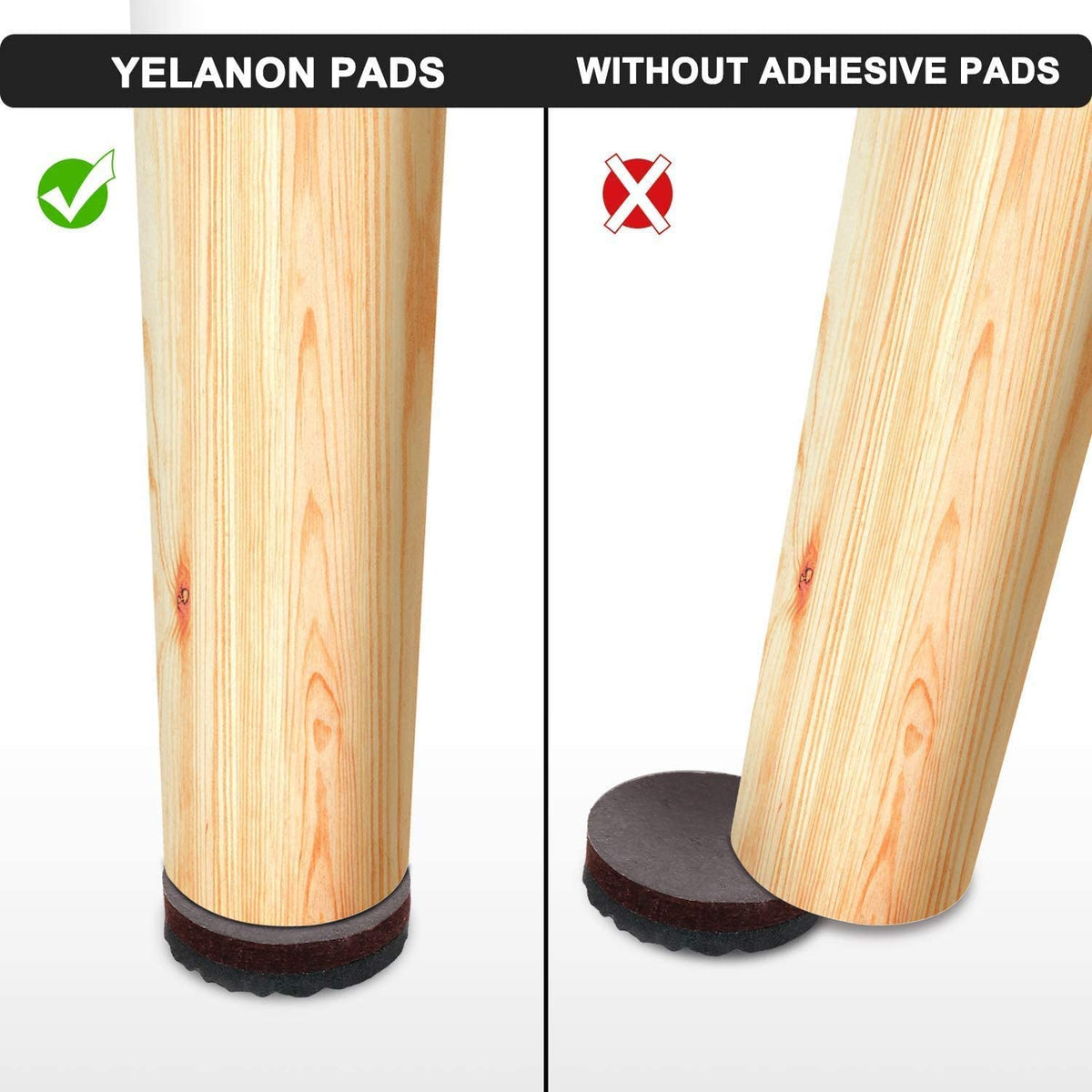 Under-chair-leg view emphasizes Yelanon pads prevent scratches and minimize floor noise