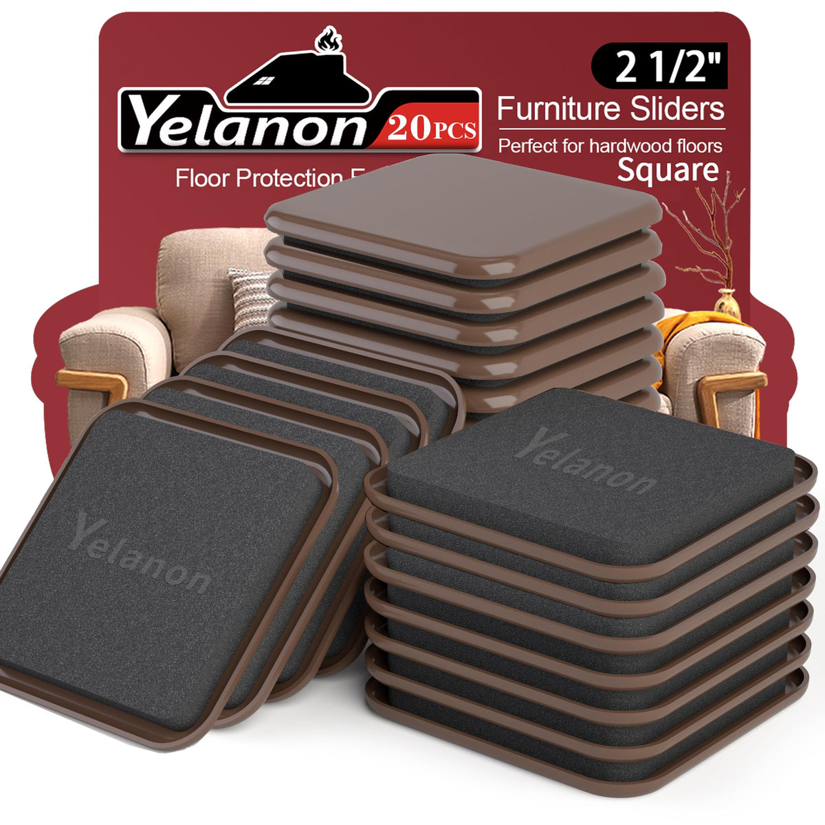 Yelanon Square Furniture Sliders packaging showcases easy setup and floor protection.