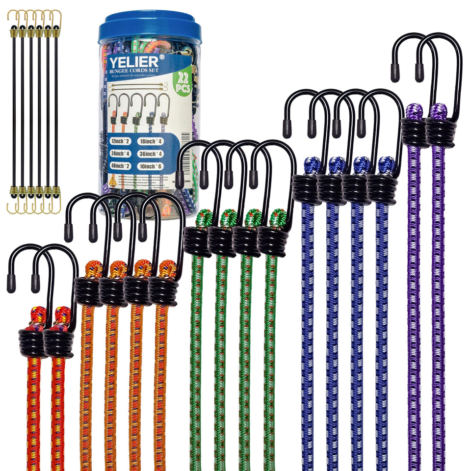 Yelier bungee cords with hooks in a complete 22-piece set for versatile securing projects.