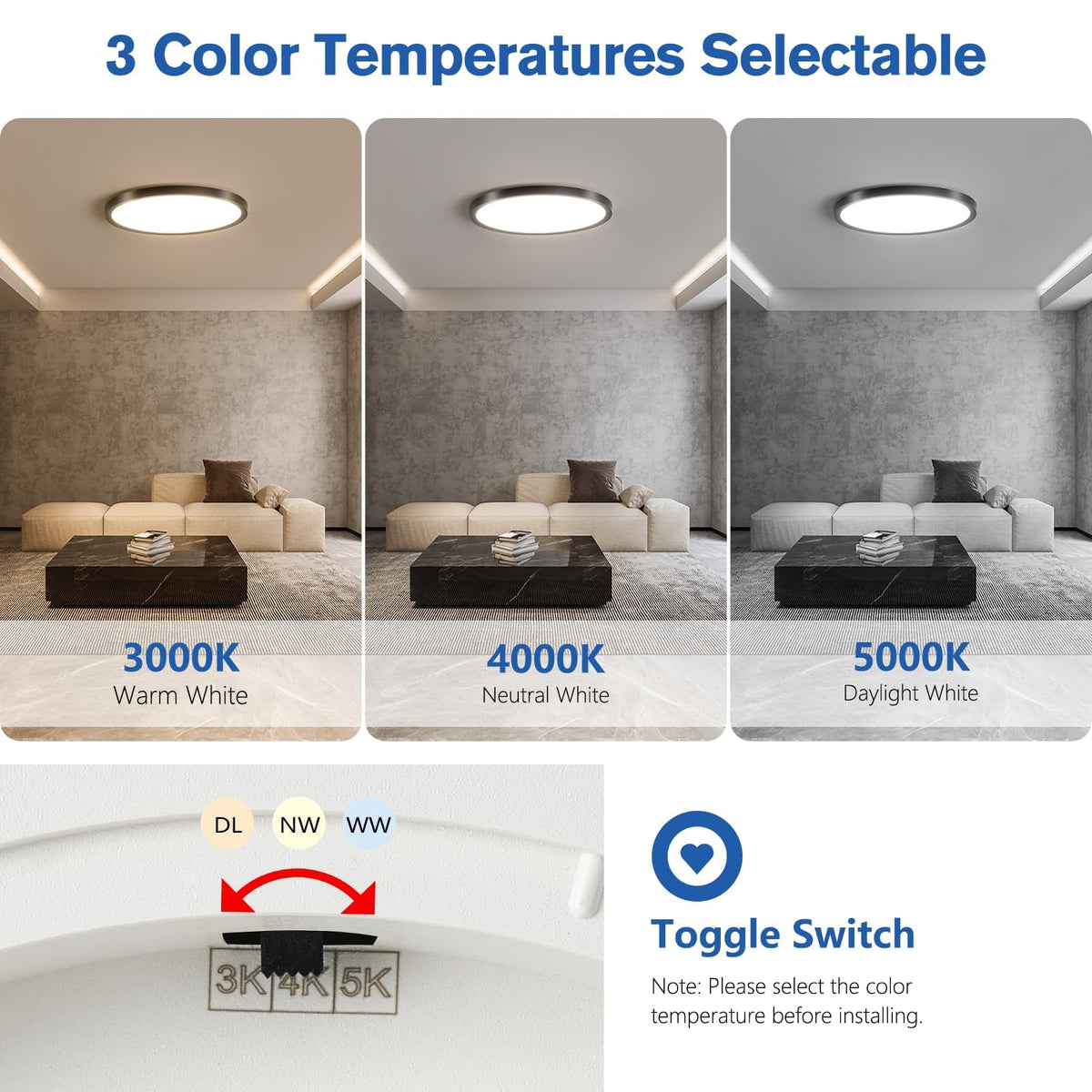 YELIOLED 12-inch black flush-mount installed on ceiling demonstrates clean aesthetic and even illumination.