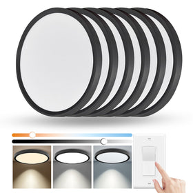 YELIOLED 6-pack 12-inch black flush-mount front view highlights sleek, space-saving ceiling lighting.