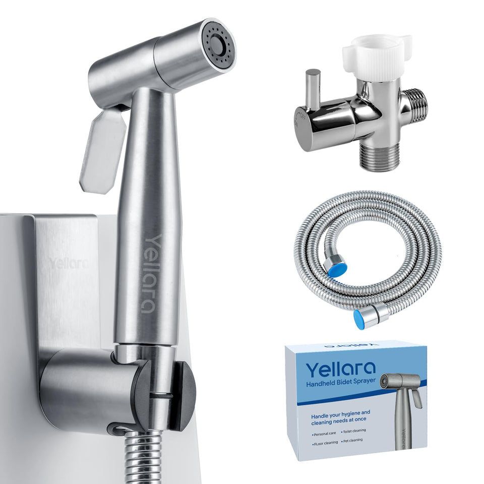 Yellara handheld bidet sprayer with stainless steel body and adjustable spray for gentle cleansing.