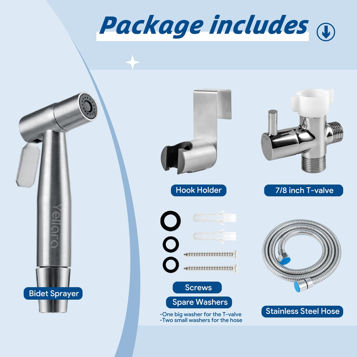 Yellara bidet spray nozzle with universal fit for quick bathroom upgrades.