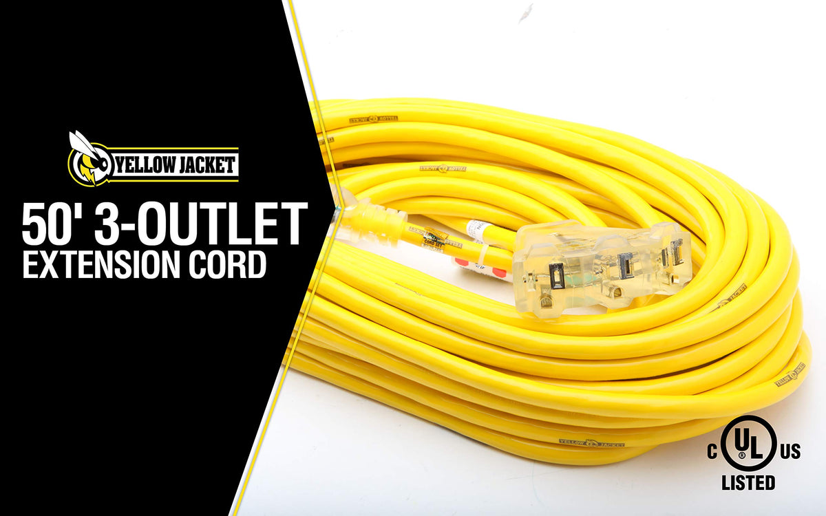 Yellow Jacket 12-gauge extension cord with three outlets for heavy-duty use