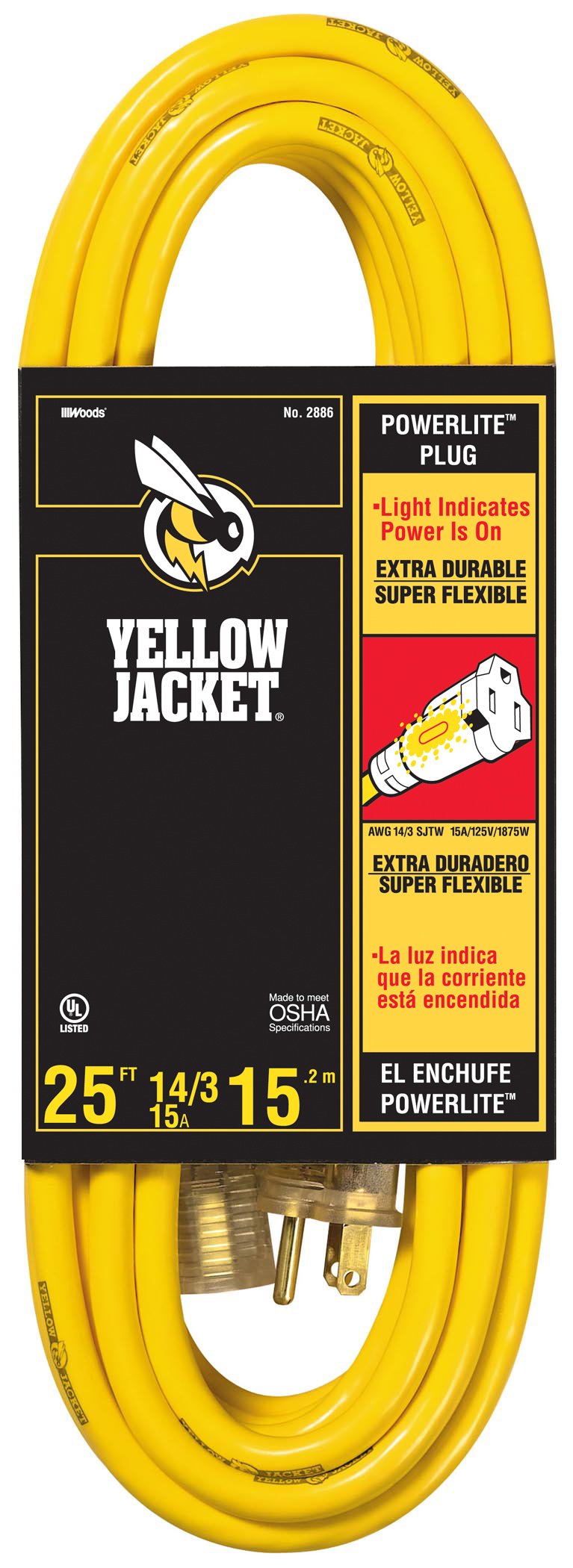 Yellow Jacket 25-foot extension cord with lighted end for outdoor power