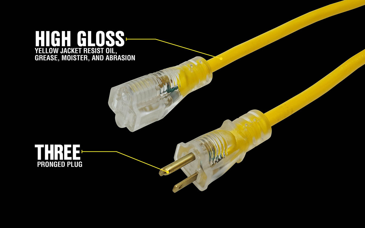 Yellow Jacket 25-foot extension cord with SJTW jacket for rugged outdoor durability