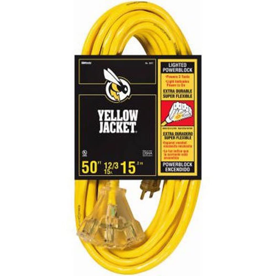 Yellow Jacket 50-foot outdoor extension cord with high visibility and power-ready status