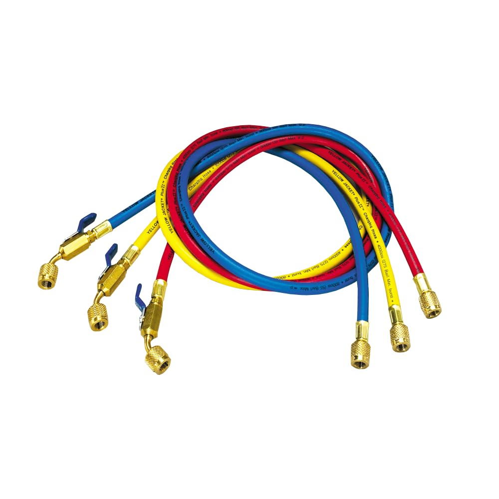 Yellow Jacket Plus II one-quarter inch hose with compact ball valve end for tight-space connections.