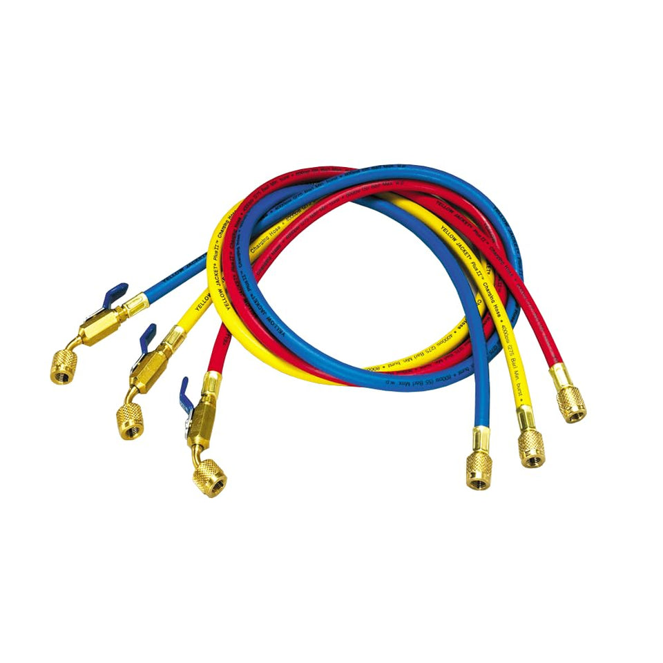 Yellow Jacket Plus II one-quarter inch hose with compact ball valve end for tight-space connections.