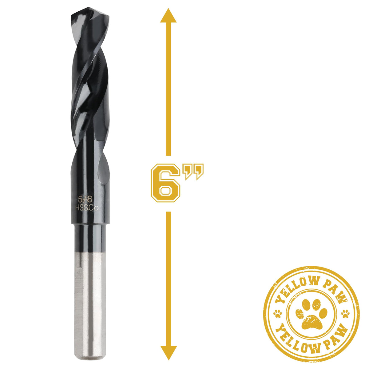 Yellow Paw 5/8-inch drill bit with 135-degree split point for reduced wandering on hardened steel.