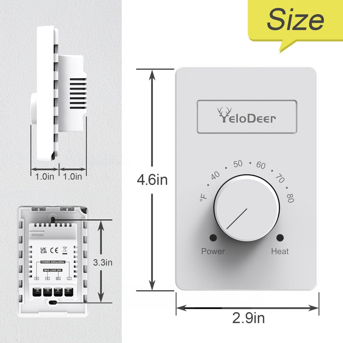Dial and wall-mount of YeloDeer thermostat for flush installation