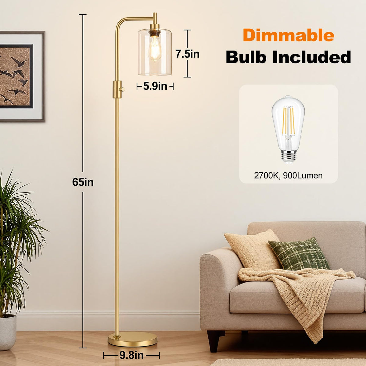 Yemela floor lamp with 900LM Edison bulb included for immediate use