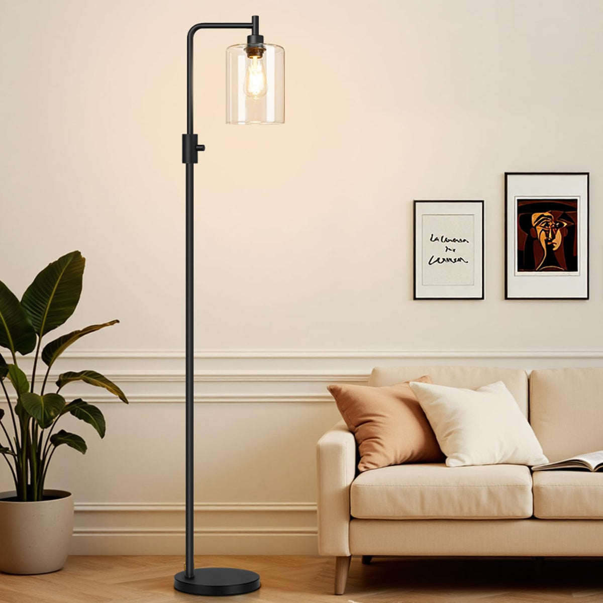 Yemela dimmable floor lamp with glass shade for warm, even illumination.