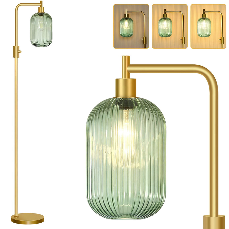 Yemela dimmable glass floor lamp with green ribbed shade enhances living room ambience