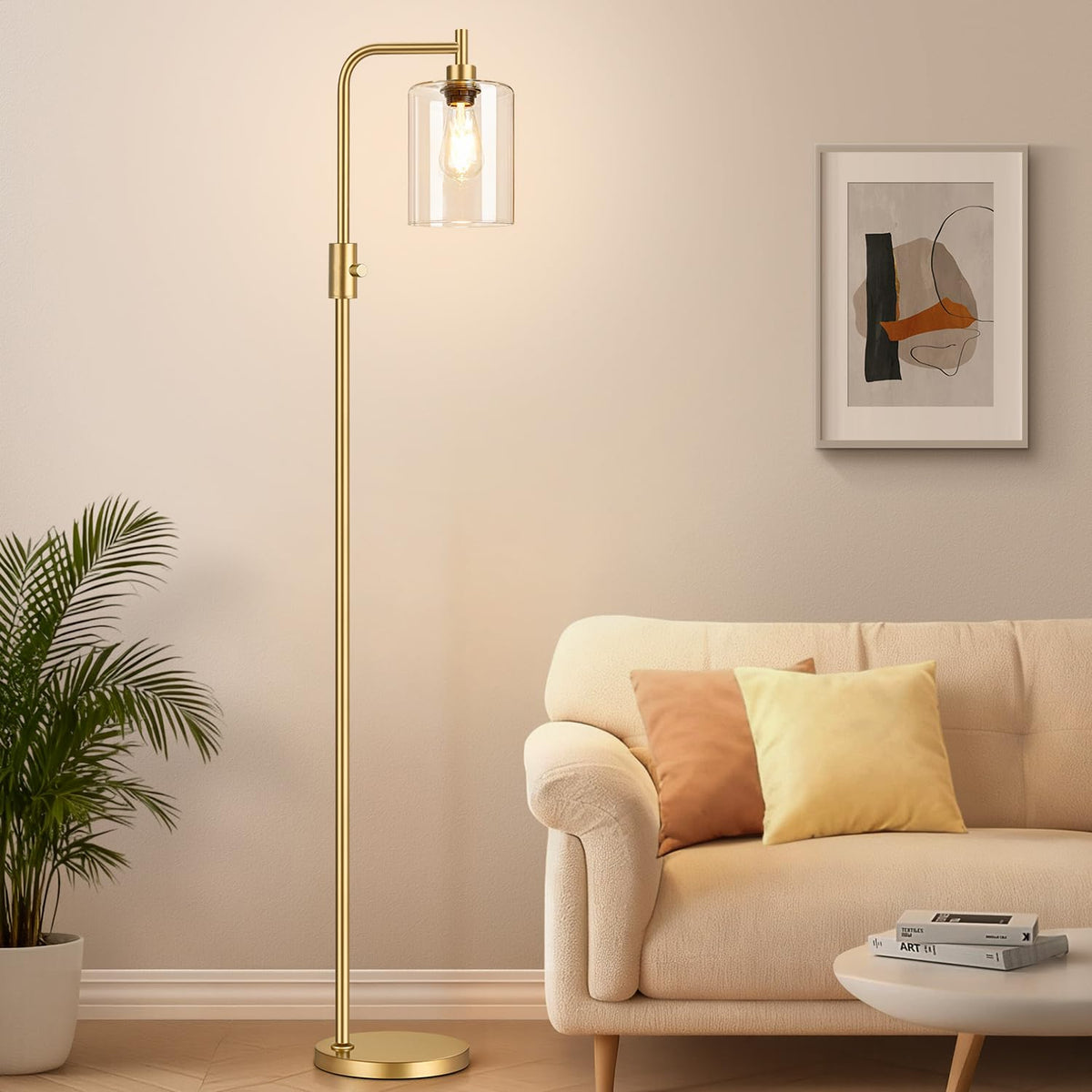 Yemela dimmable gold floor lamp with glass shade for warm living spaces