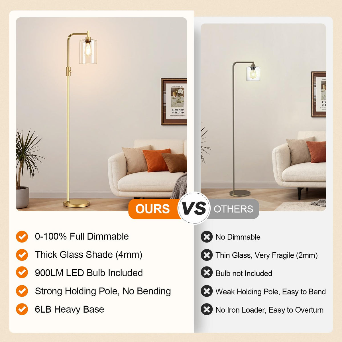 Yemela gold floor lamp dimmer knob for easy brightness control while relaxing