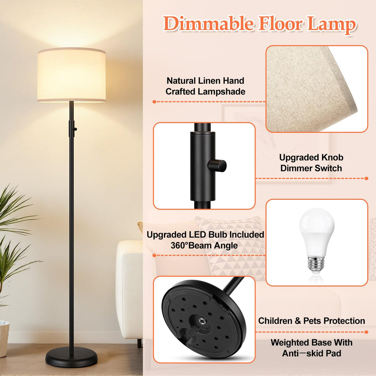 Yemela linen shade floor lamp creates soft, cozy illumination in any room.
