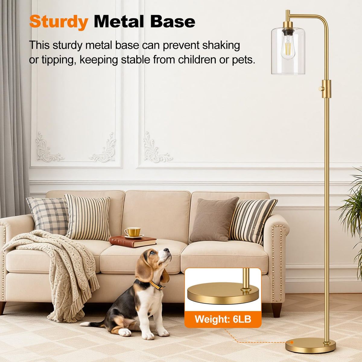 Yemela office corner lit by slim gold floor lamp for focused tasks